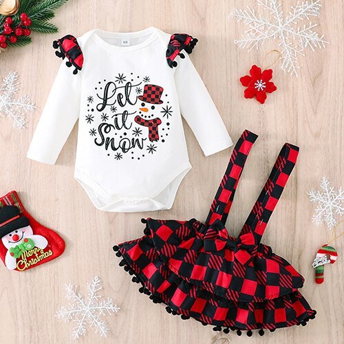 Baby Girl Clothes Suit Long Sleeve Printed Christmas Braces Skirt Costume