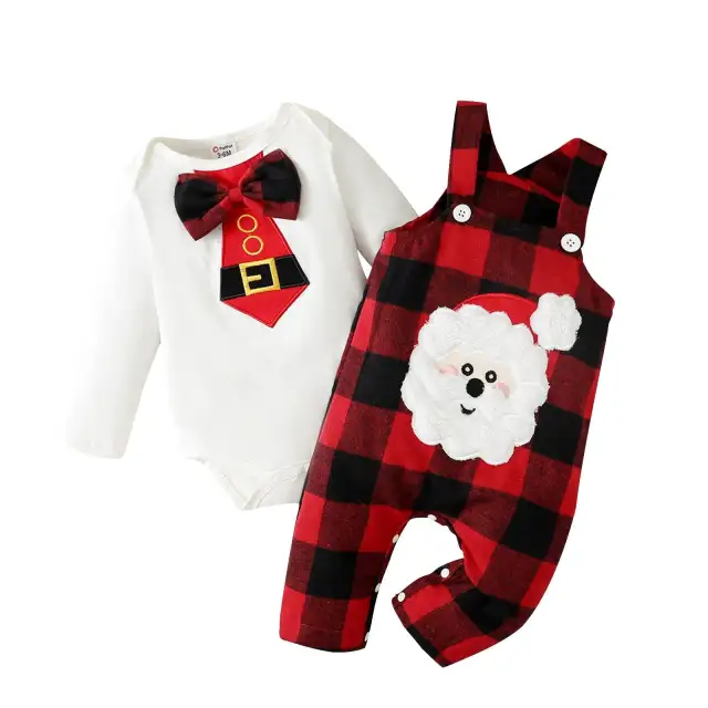 Christmas Santa Baby Boy Girl Long-sleeve Romper and Plaid Overalls Set