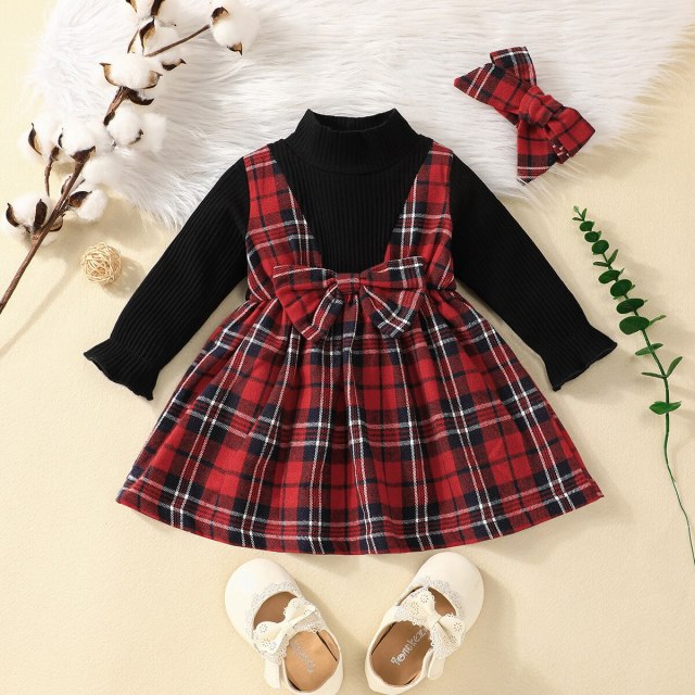 Christmas Baby Girl Knit Long-sleeve Spliced Plaid Dress with Headband