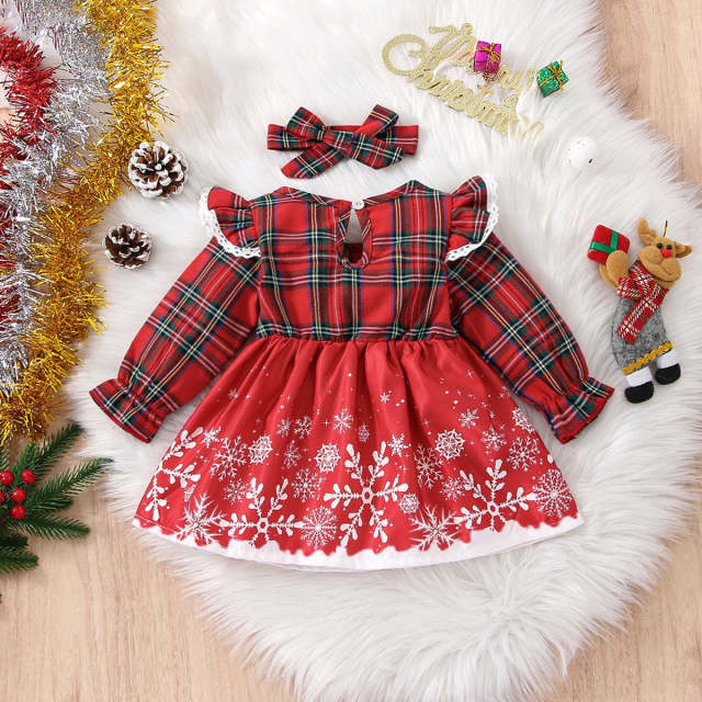 Christmas Red Plaid Ruffle Long-sleeve Dress For Baby Girl with Headband