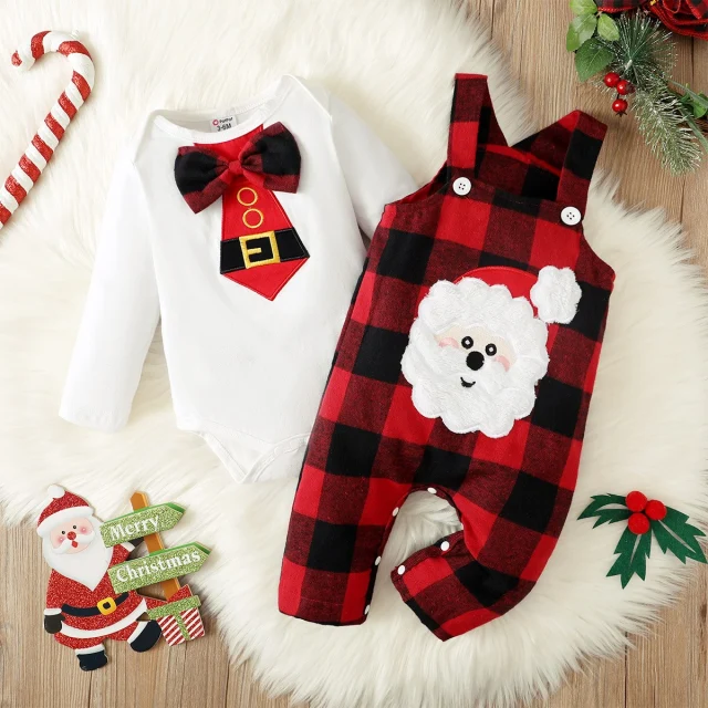 Christmas Santa Baby Boy Girl Long-sleeve Romper and Plaid Overalls Set