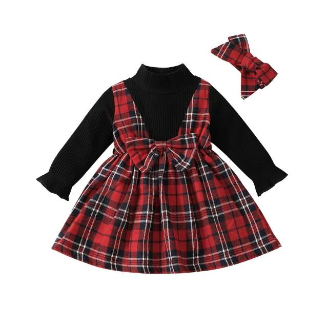 Christmas Baby Girl Knit Long-sleeve Spliced Plaid Dress with Headband