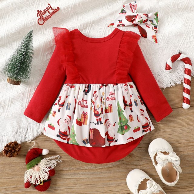 Baby Girl Santa Print Dress Long-sleeve Christmas Jumpsuit with Headband