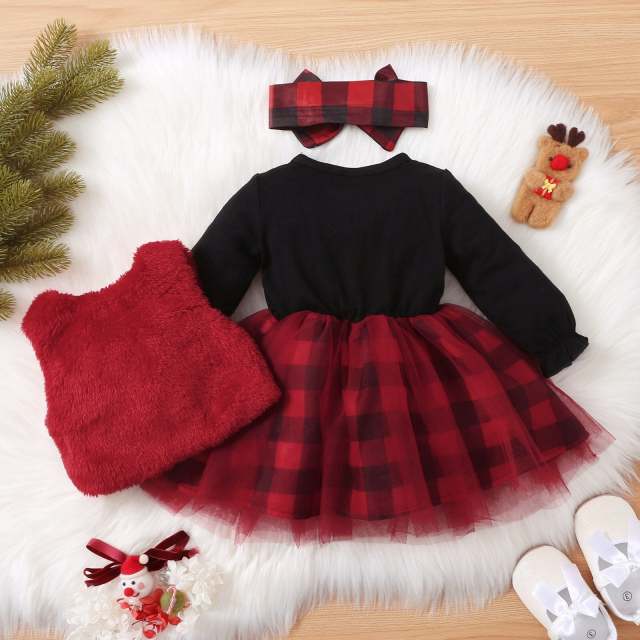Baby Girl Christmas 3pcs Xmas Long Sleeve Mesh Dress and Fuzzy Vest with Headband Set