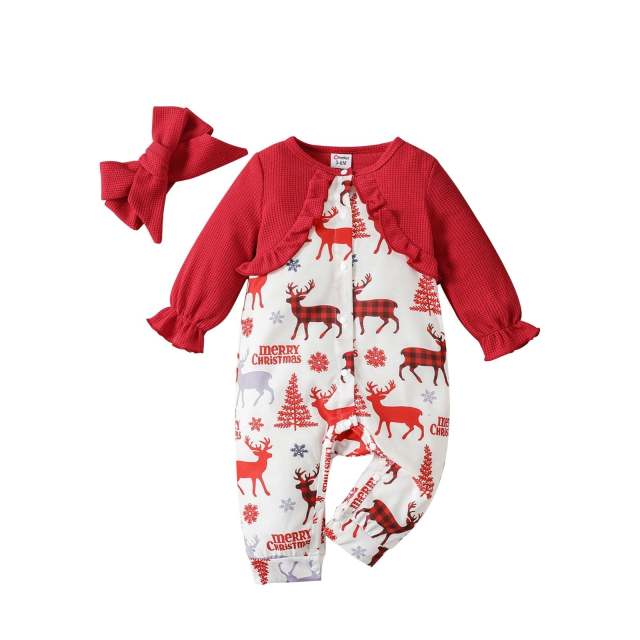 Merry Christmas Baby Girl Waffle Long-sleeve Print Button Jumpsuit with Headband Set