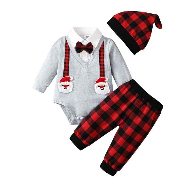 Baby Boy Long-sleeve Santa Romper and Red Plaid Pants with Hat Christmas 3pcs Set