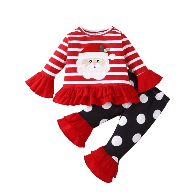 Baby Girl Christmas Set Long-sleeve Santa Top and Dot Flared Pants 2pcs