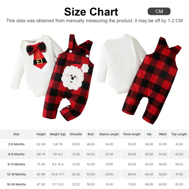 Christmas Santa Baby Boy Girl Long-sleeve Romper and Plaid Overalls Set