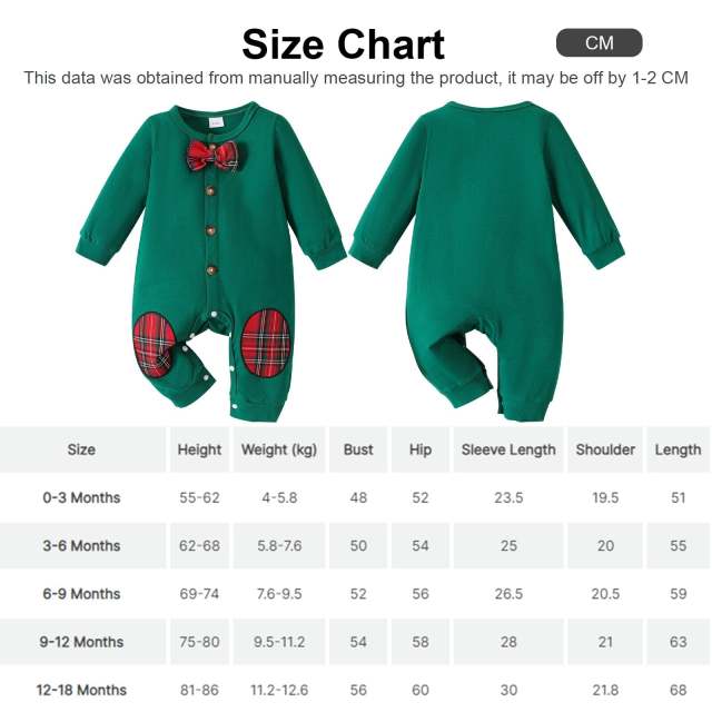 Green Christmas Romper For Baby Boy Cotton Long-sleeve Button Jumpsuit