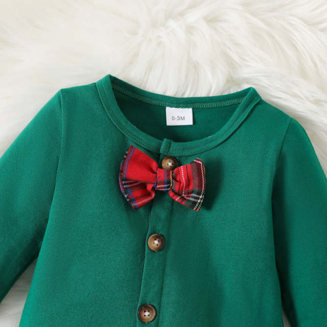 Green Christmas Romper For Baby Boy Cotton Long-sleeve Button Jumpsuit