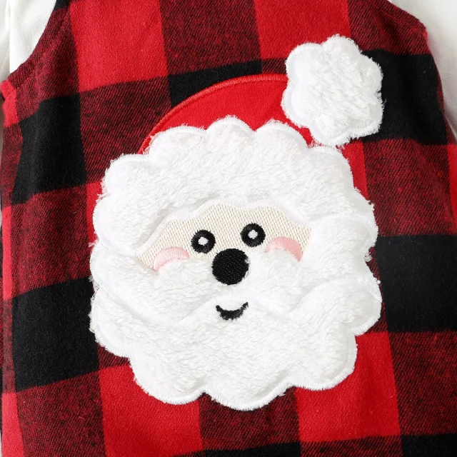 Christmas Santa Baby Boy Girl Long-sleeve Romper and Plaid Overalls Set