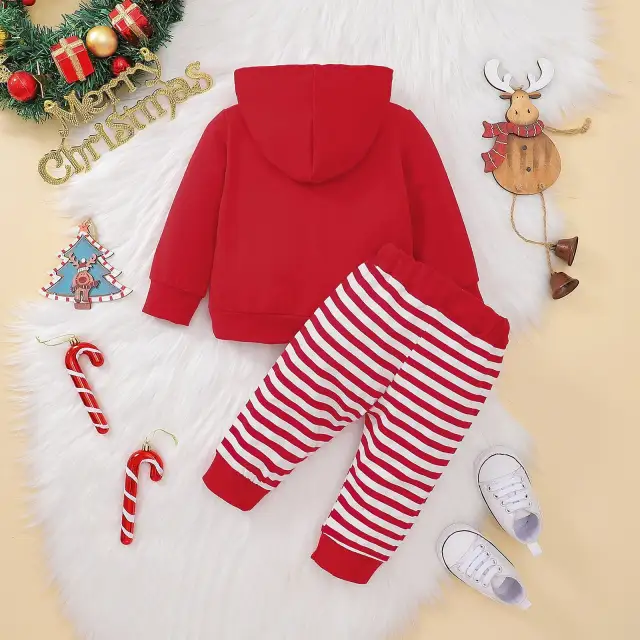 Baby Boy/Girl Deer Embroidered Long-sleeve Hoodie and Striped Sweatpants 2pcs Xmas Set