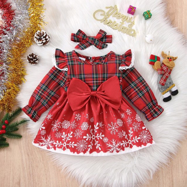 Christmas Red Plaid Ruffle Long-sleeve Dress For Baby Girl with Headband