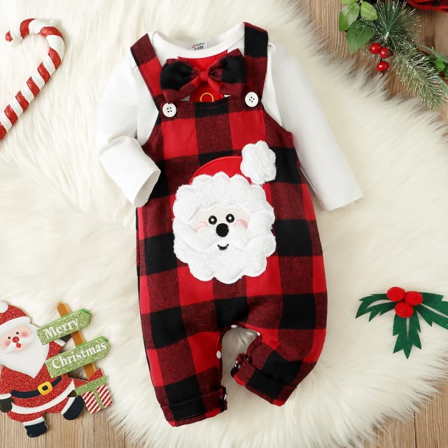 Christmas Santa Baby Boy Girl Long-sleeve Romper and Plaid Overalls Set