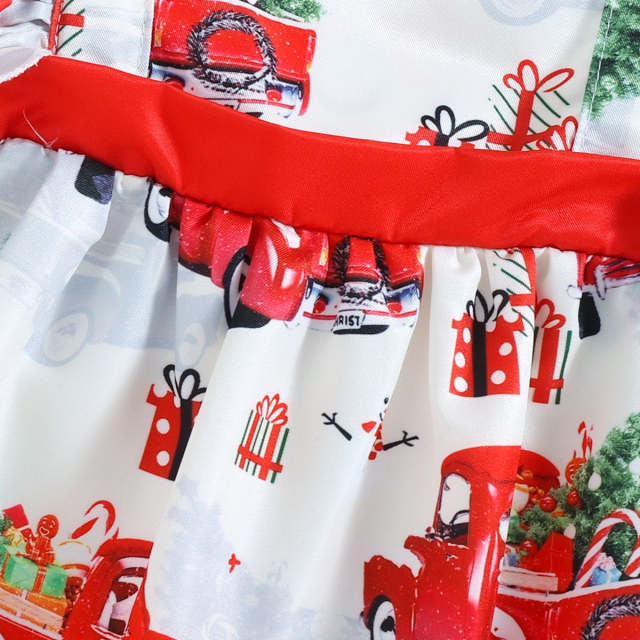 Baby Girl Christmas Car Print Ruffle Trim Square Neck Dress with Headband