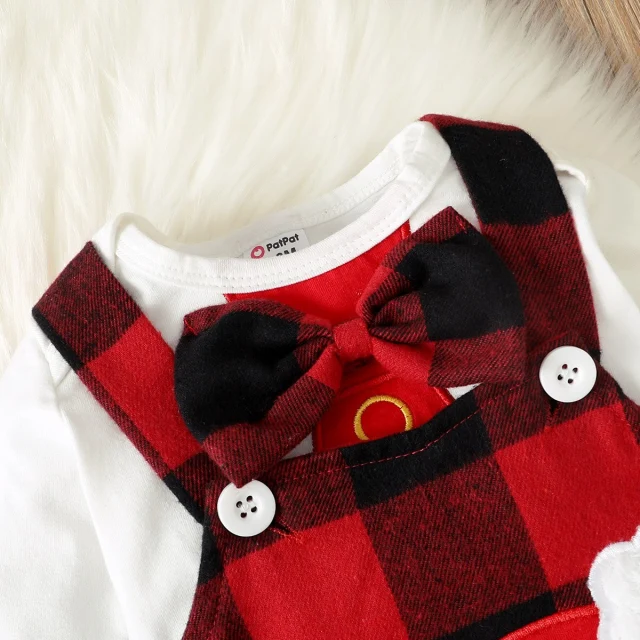 Christmas Santa Baby Boy Girl Long-sleeve Romper and Plaid Overalls Set