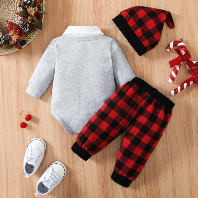 Baby Boy Long-sleeve Santa Romper and Red Plaid Pants with Hat Christmas 3pcs Set