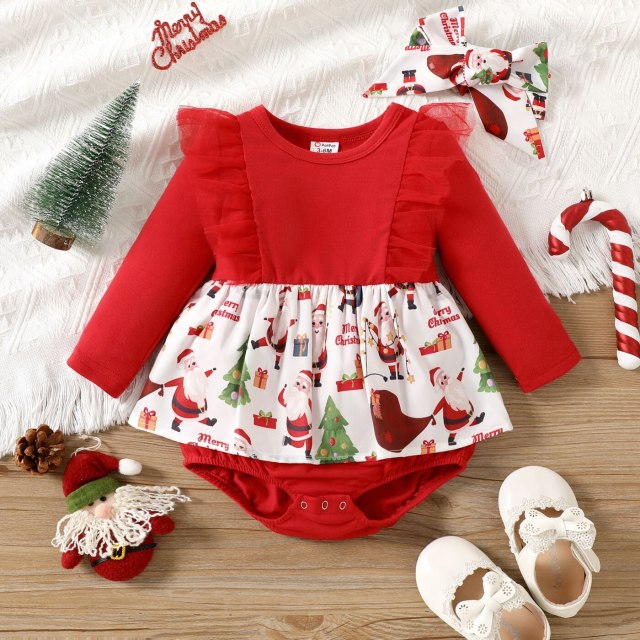 Baby Girl Santa Print Dress Long-sleeve Christmas Jumpsuit with Headband