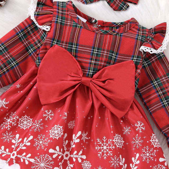 Christmas Red Plaid Ruffle Long-sleeve Dress For Baby Girl with Headband