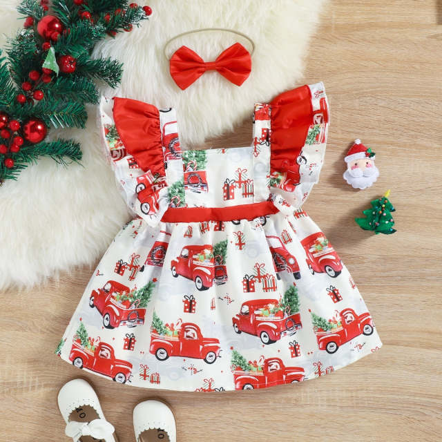 Baby Girl Christmas Car Print Ruffle Trim Square Neck Dress with Headband