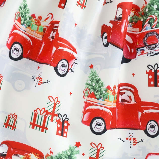 Baby Girl Christmas Car Print Ruffle Trim Square Neck Dress with Headband