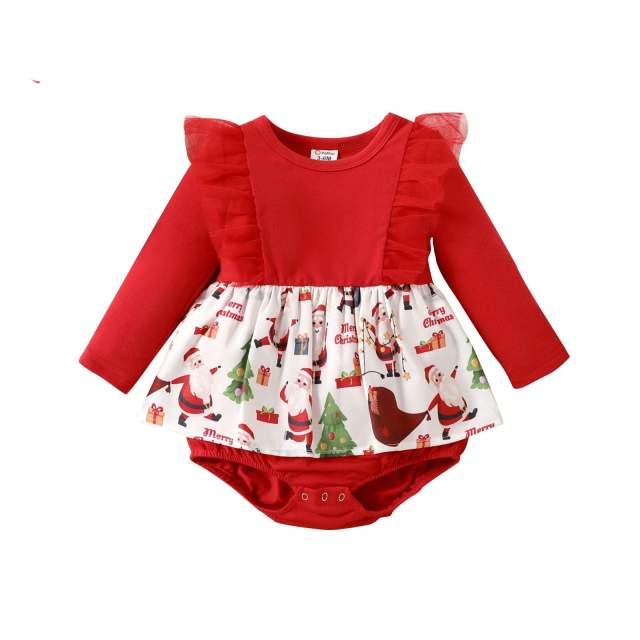 Baby Girl Santa Print Dress Long-sleeve Christmas Jumpsuit with Headband