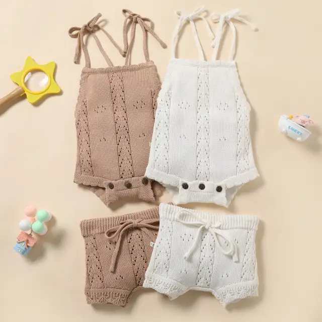 Baby Girls Knitted Shorts Set Backless Rompers+Drawstring Shorts Sets