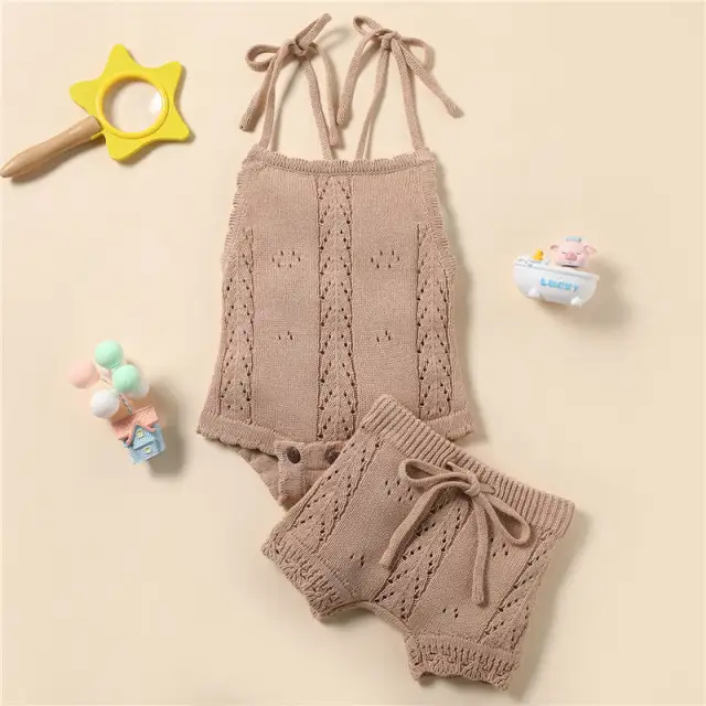 Baby Girls Knitted Shorts Set Backless Rompers+Drawstring Shorts Sets