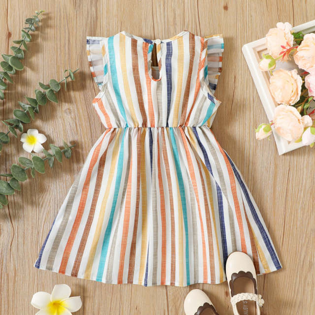 Toddler Girl Stripe Ruffled Bowknot Design Sleeveless Dress