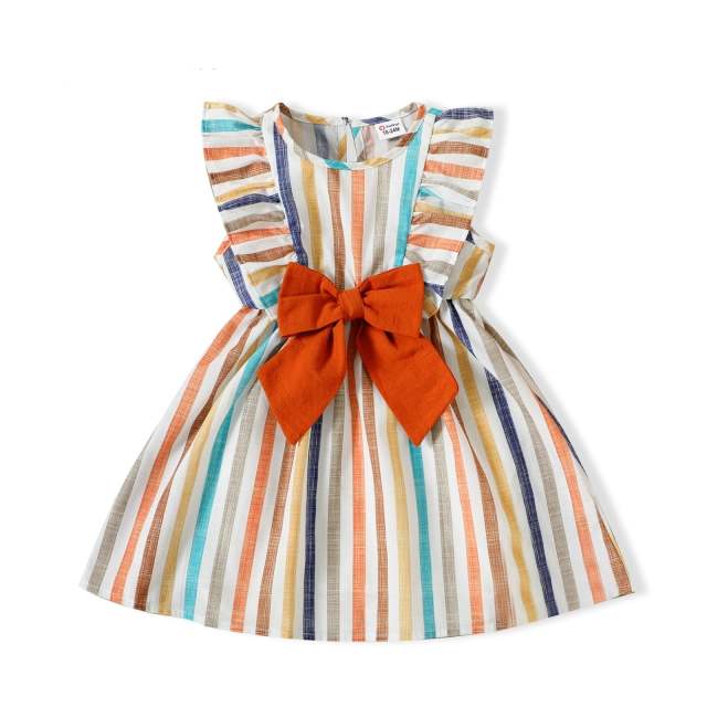 Toddler Girl Stripe Ruffled Bowknot Design Sleeveless Dress