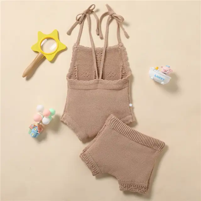 Baby Girls Knitted Shorts Set Backless Rompers+Drawstring Shorts Sets