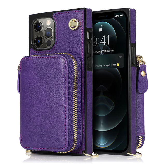 Crossbody Wallet Case Women for iPhone 14 Pro Max,Square Phone Case Credit Card Holder with RFID Blocking, Leather Purse with Strap Lanyard Zipper Kickstand Flip Cover Case