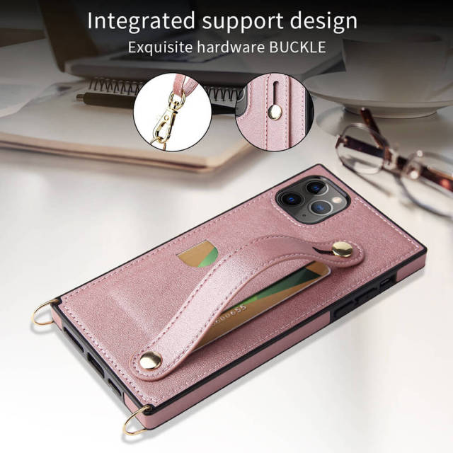 iPhone 14 Case Wallet Card Holder PU Leather Lanyard Crossbody Strap Kickstand Square Protective Cover for iPhone 13