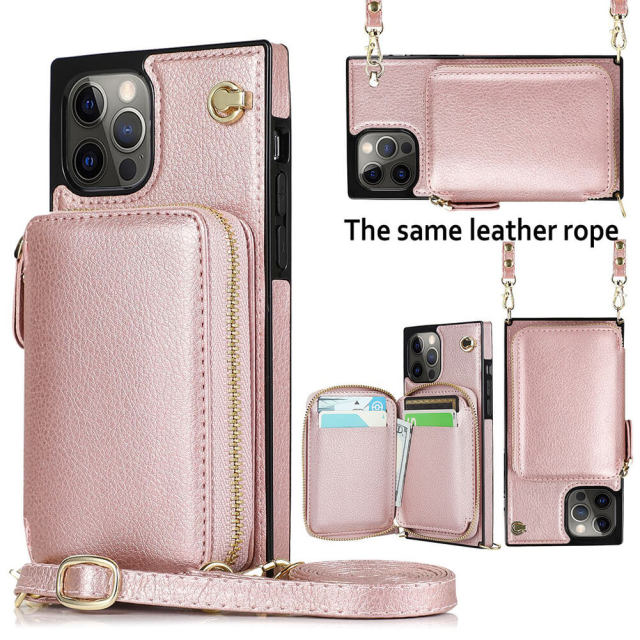 Crossbody Wallet Case Women for iPhone 14 Pro Max,Square Phone Case Credit Card Holder with RFID Blocking, Leather Purse with Strap Lanyard Zipper Kickstand Flip Cover Case