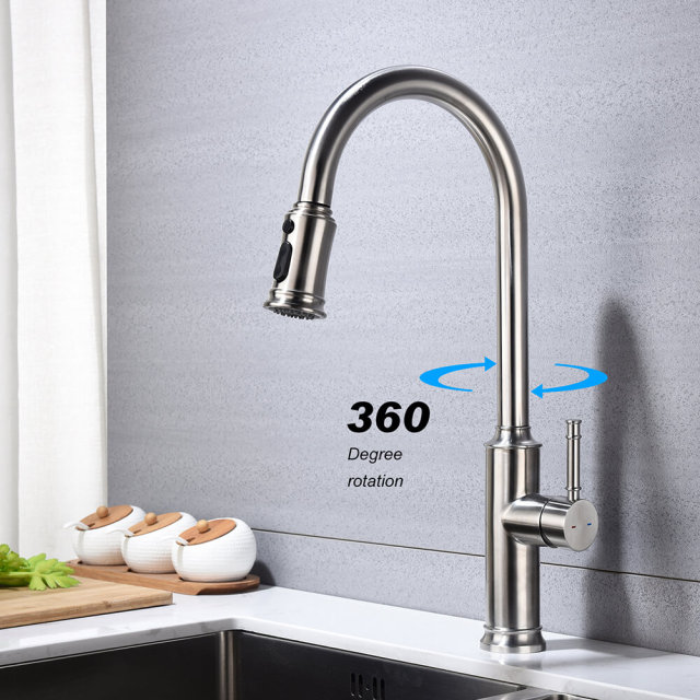 Single Handles Stainless Steel Kitchen Sink Faucets,High Arc Brushed Nickel Pull Out Kitchen Faucet with Pull Down Sprayer