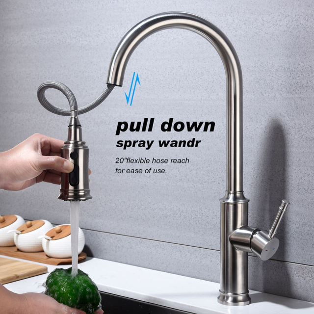 Single Handles Stainless Steel Kitchen Sink Faucets,High Arc Brushed Nickel Pull Out Kitchen Faucet with Pull Down Sprayer