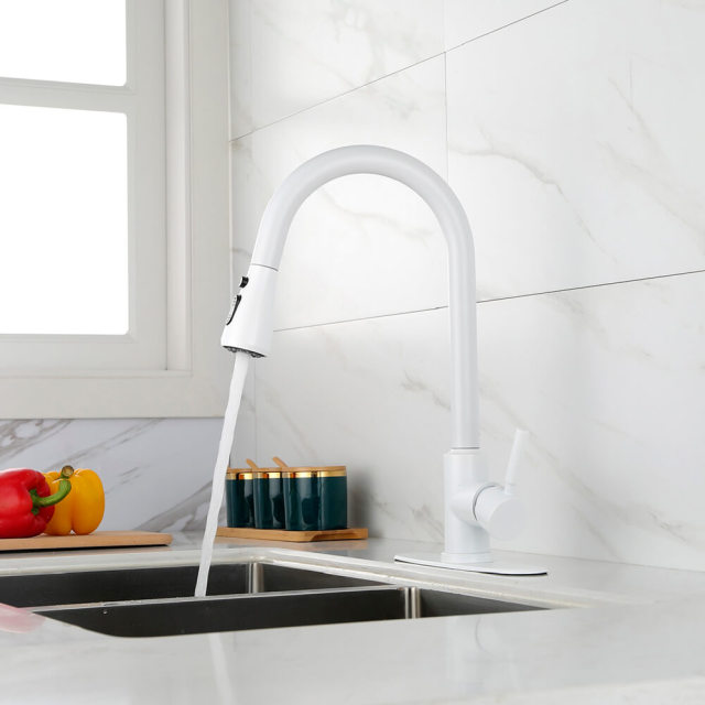 White Kitchen Faucet with Pull Out Sprayer, 360 Degree Swiveling 3-Function Single Handle Modern Pull Down Kitchen Faucet