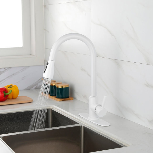 White Kitchen Faucet with Pull Out Sprayer, 360 Degree Swiveling 3-Function Single Handle Modern Pull Down Kitchen Faucet