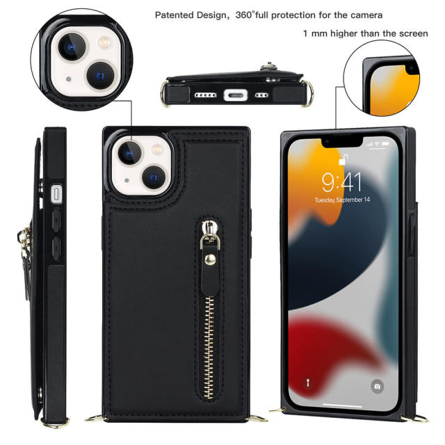 Crossbody Wallet Case for iPhone 14 with Card Slot Holder, Magnetic Flip Folio Purse Case, PU Leather Zipper Handbag with Detachable Lanyard Strap