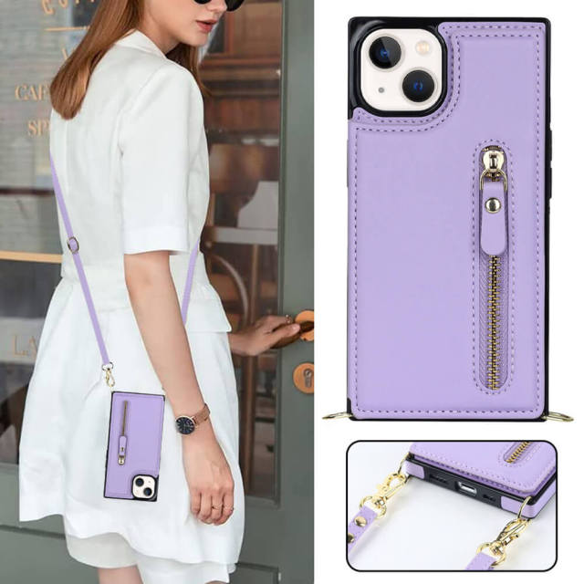 Crossbody Wallet Case for iPhone 14 with Card Slot Holder, Magnetic Flip Folio Purse Case, PU Leather Zipper Handbag with Detachable Lanyard Strap