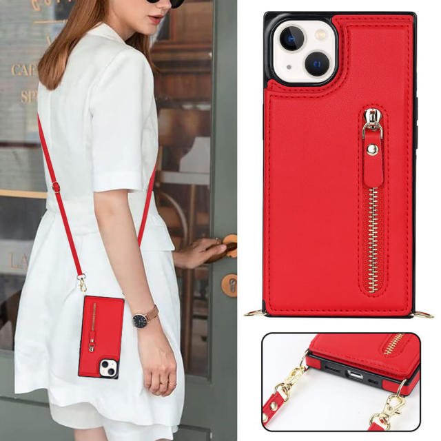 Crossbody Wallet Case for iPhone 14 with Card Slot Holder, Magnetic Flip Folio Purse Case, PU Leather Zipper Handbag with Detachable Lanyard Strap