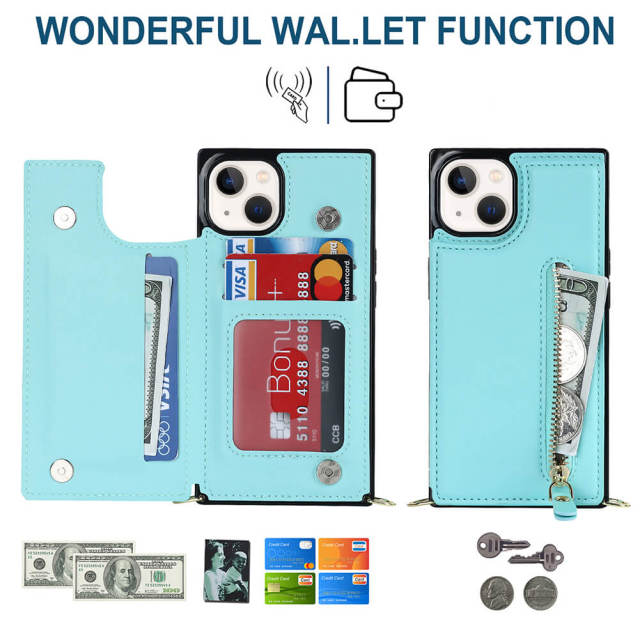 Crossbody Wallet Case for iPhone 14 with Card Slot Holder, Magnetic Flip Folio Purse Case, PU Leather Zipper Handbag with Detachable Lanyard Strap