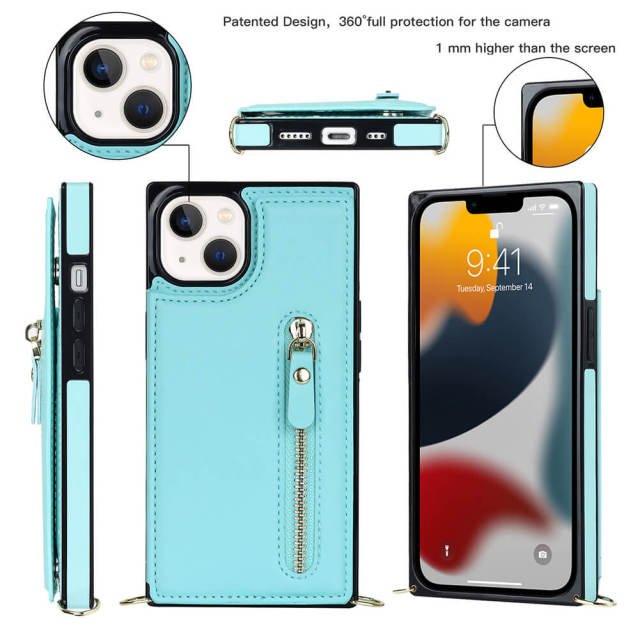 Crossbody Wallet Case for iPhone 14 with Card Slot Holder, Magnetic Flip Folio Purse Case, PU Leather Zipper Handbag with Detachable Lanyard Strap