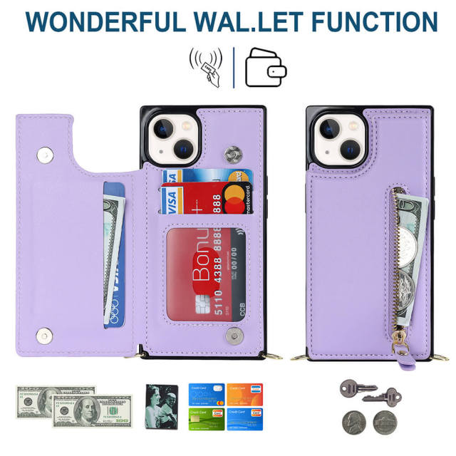 Crossbody Wallet Case for iPhone 14 with Card Slot Holder, Magnetic Flip Folio Purse Case, PU Leather Zipper Handbag with Detachable Lanyard Strap