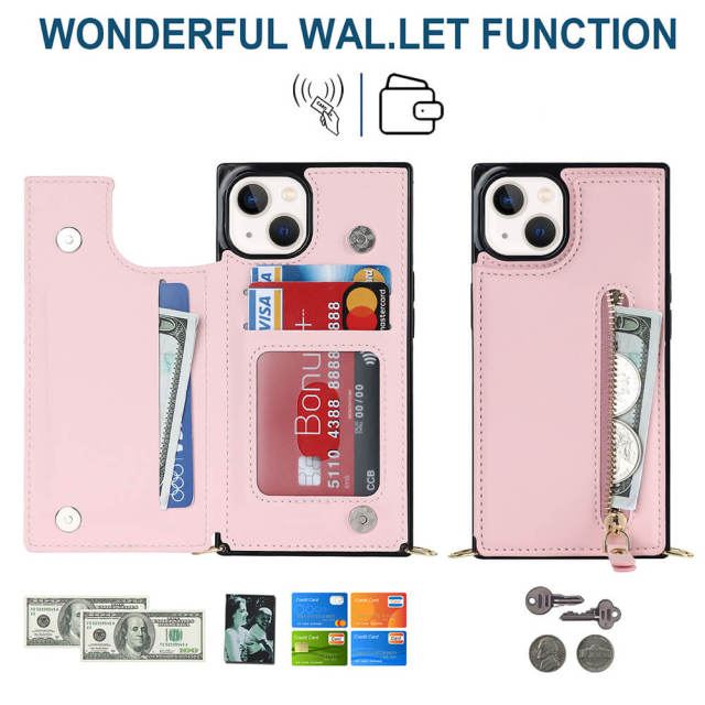 Crossbody Wallet Case for iPhone 14 with Card Slot Holder, Magnetic Flip Folio Purse Case, PU Leather Zipper Handbag with Detachable Lanyard Strap