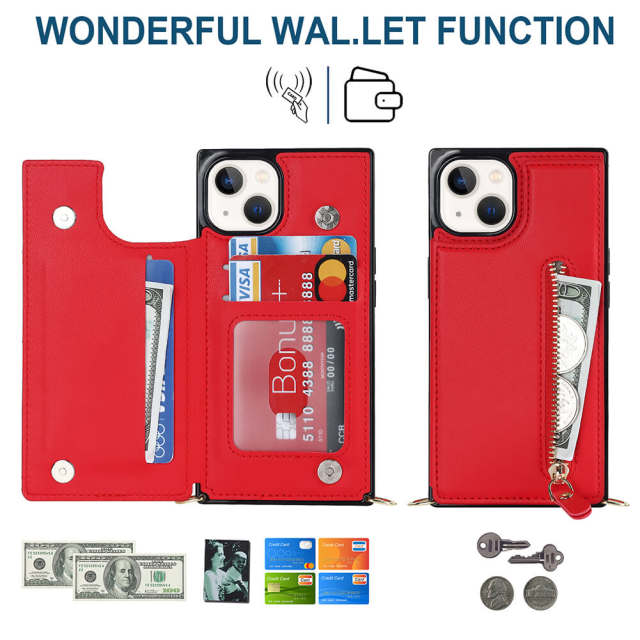 Crossbody Wallet Case for iPhone 14 with Card Slot Holder, Magnetic Flip Folio Purse Case, PU Leather Zipper Handbag with Detachable Lanyard Strap