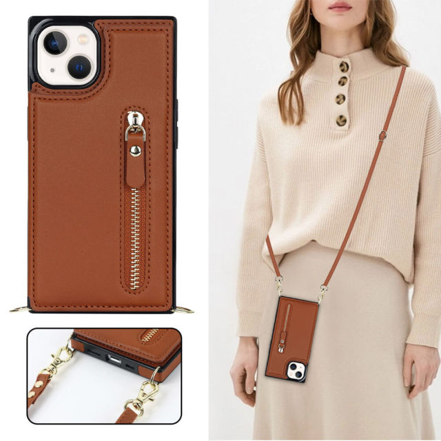 Crossbody Wallet Case for iPhone 14 with Card Slot Holder, Magnetic Flip Folio Purse Case, PU Leather Zipper Handbag with Detachable Lanyard Strap