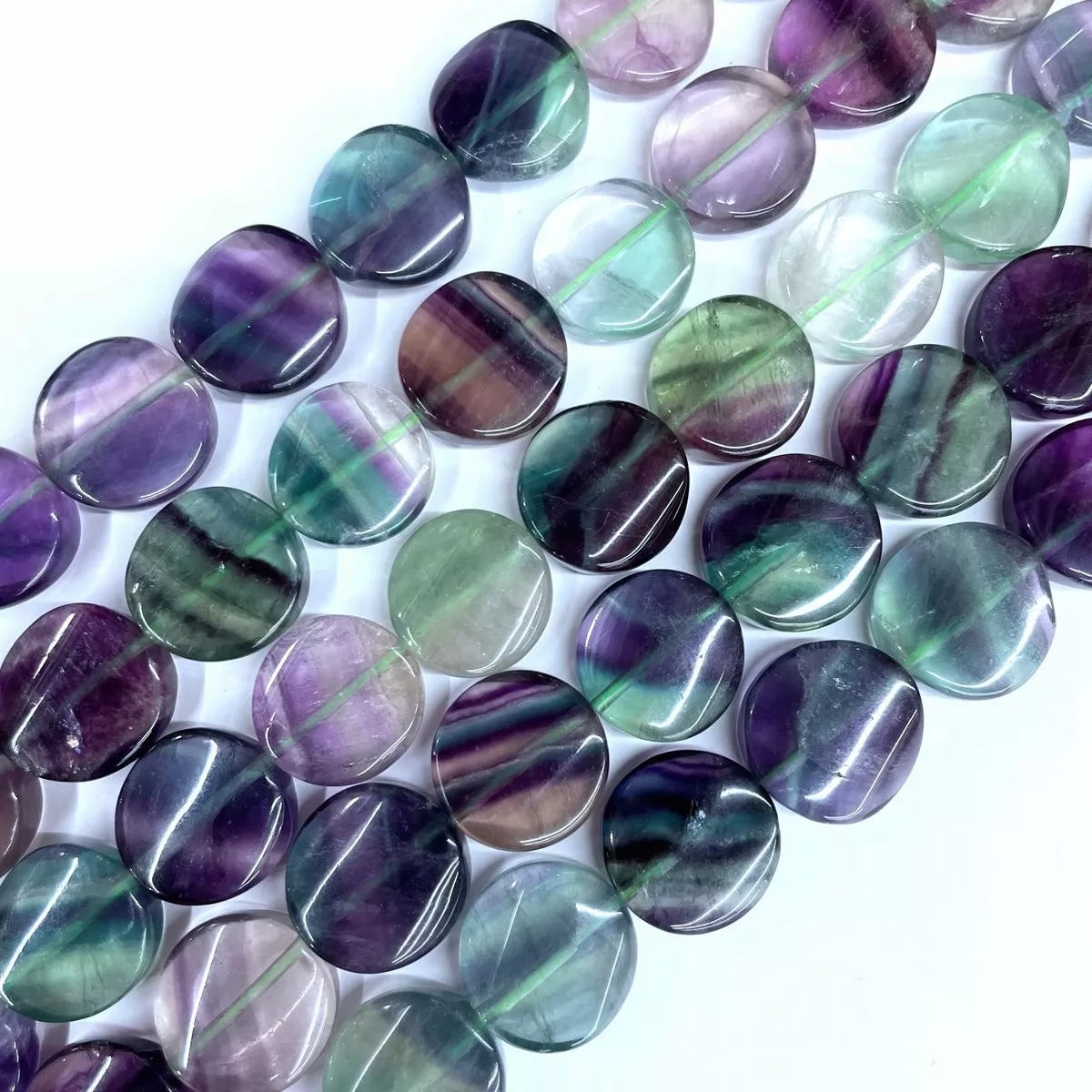Fluorite, Twisted Coin 20mm, Approx 380mm