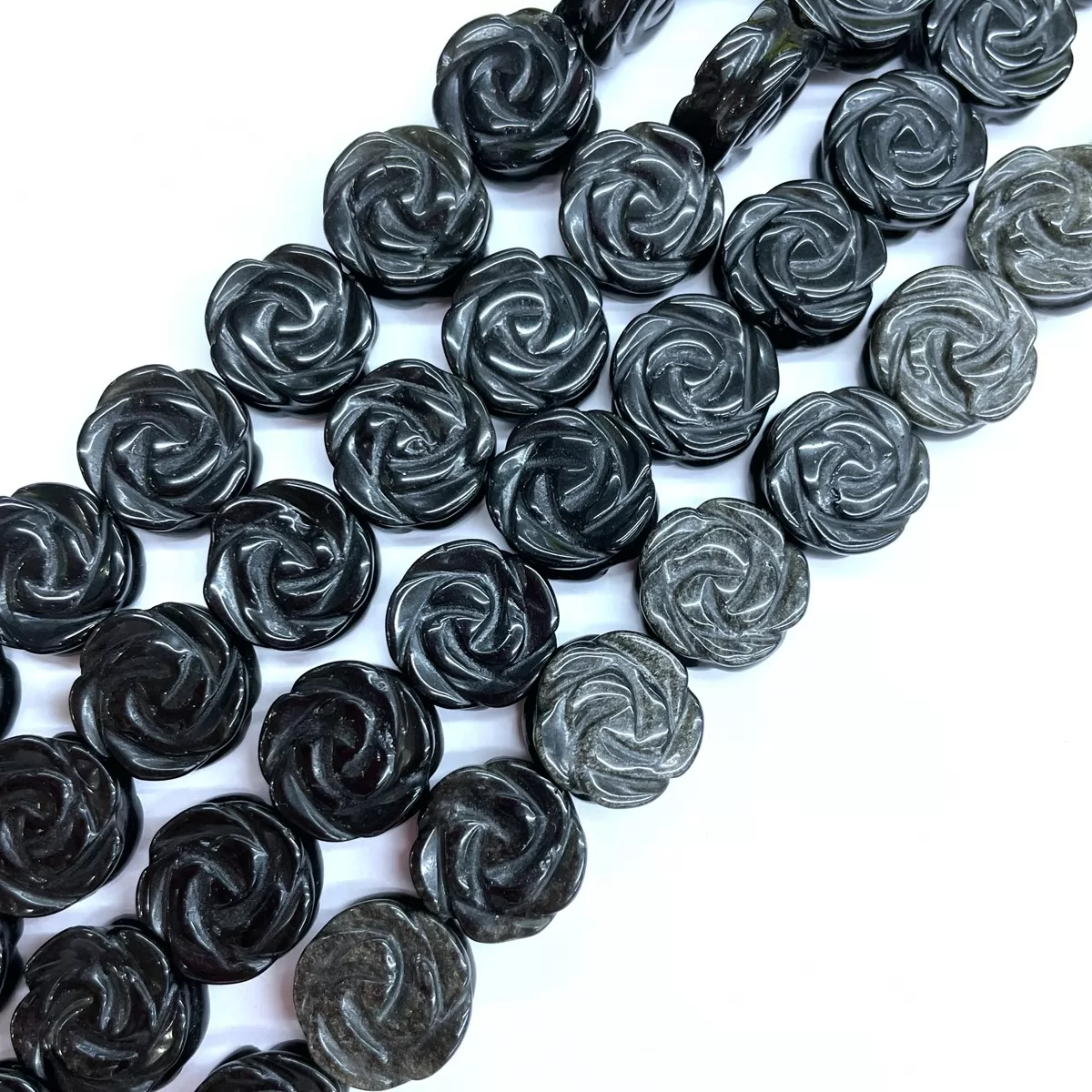 Black Stone, Carved Flower, 14mm, Approx 380mm