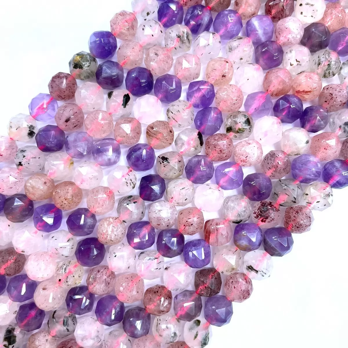 Strawberry Amethyst Rose Quartz, Diamond Faceted Round,8-10mm, Approx 380mm